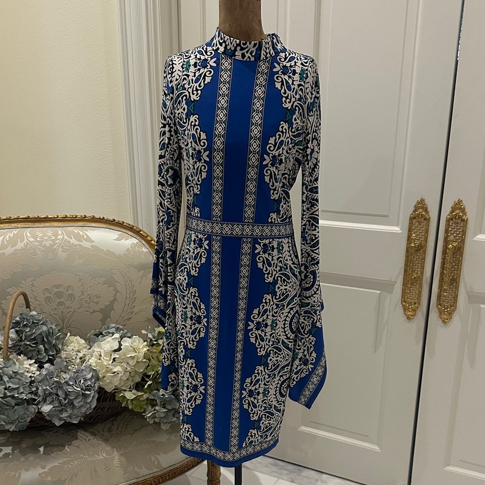 Venus Blue Egyptian motif dress with bell sleeves size medium